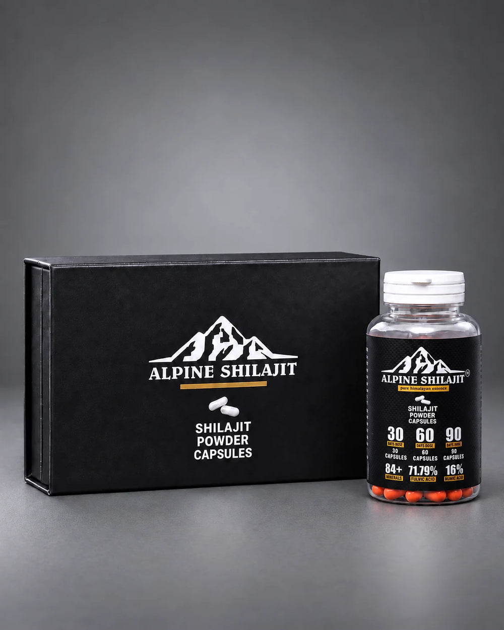 Alpine Shilajit capsules bottle and box