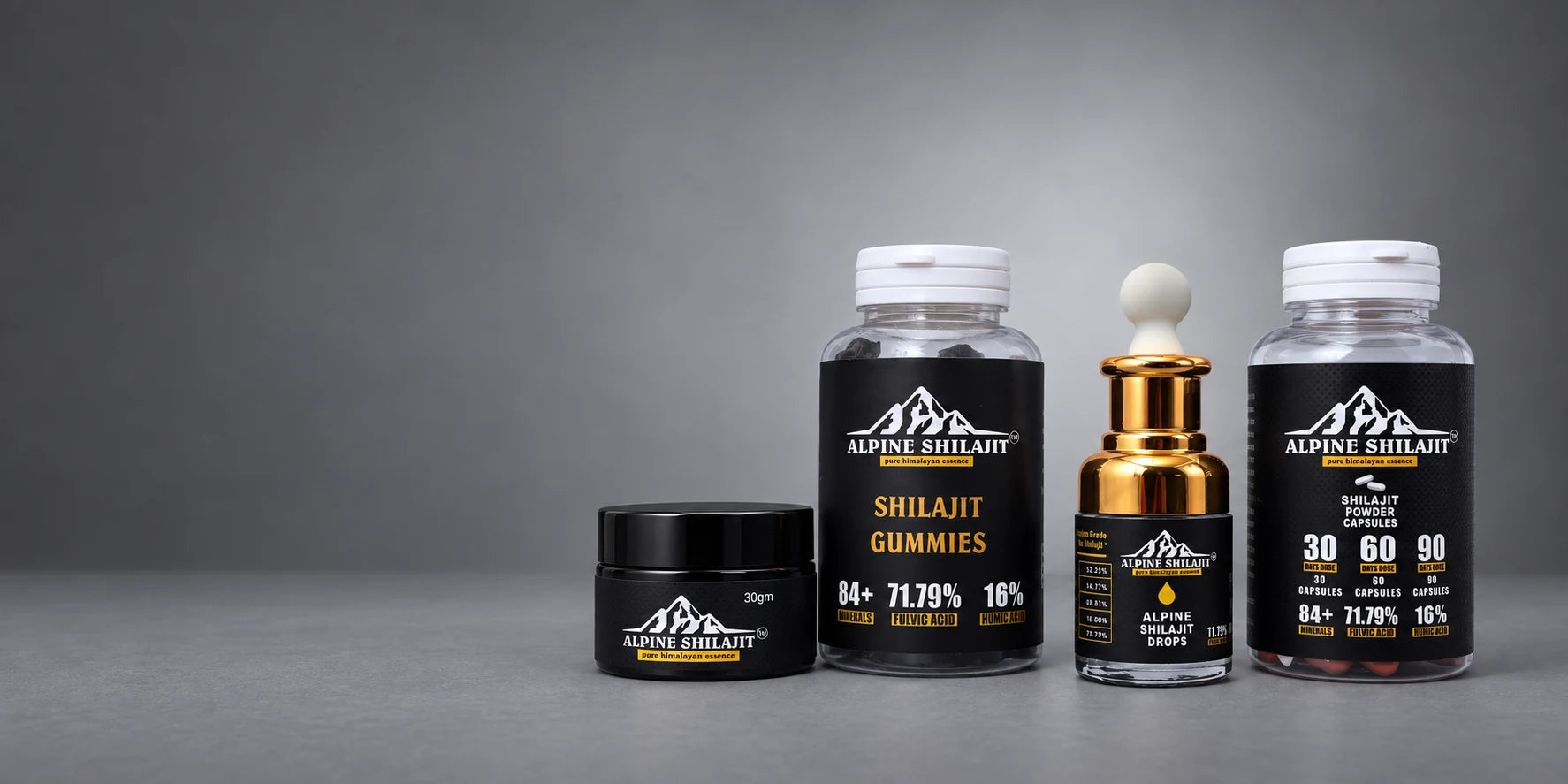 Shilajit Resin, Drops, Capsules, and Gummies product presentation