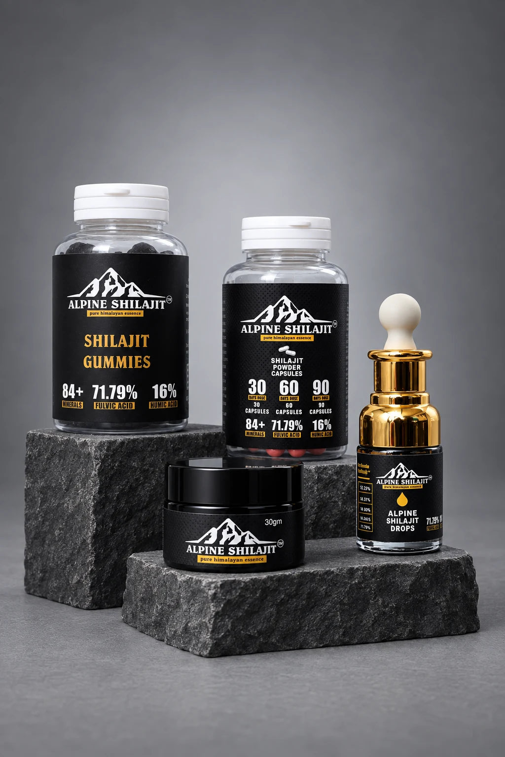 Alpine Shilajit Resin, Drops, Capsules, and Gummies